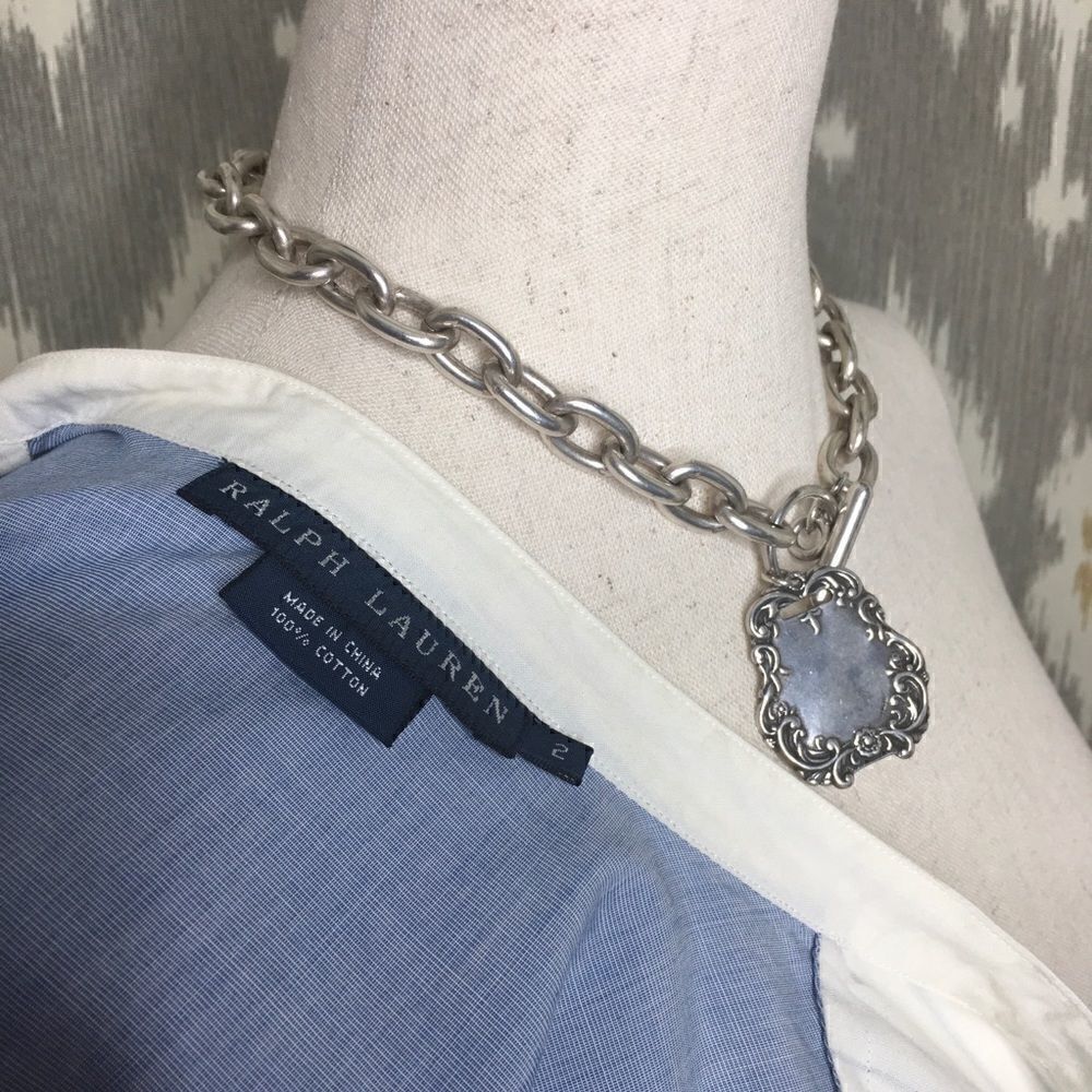 Ralph Lauren Blue & Off White Pouf Sleeve Bib Front Cotton Tuxedo Blouse - Picture 2 of 13